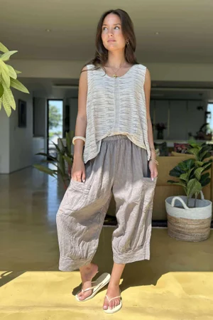 Made in Italy Pure Linen Classic 7/8 Pull On Pant Mocha  /2